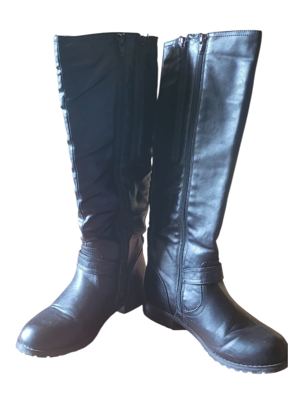 Classic Tall Black Leather Buckle Heeled Boots
